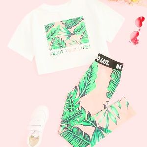 Jungle print tee & leather tape leggings